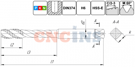 TSF1.M16х1,5.6H.DIN374.M35 Метчик М16х1,5 для глухих отверстий, DIN374, без покрытия